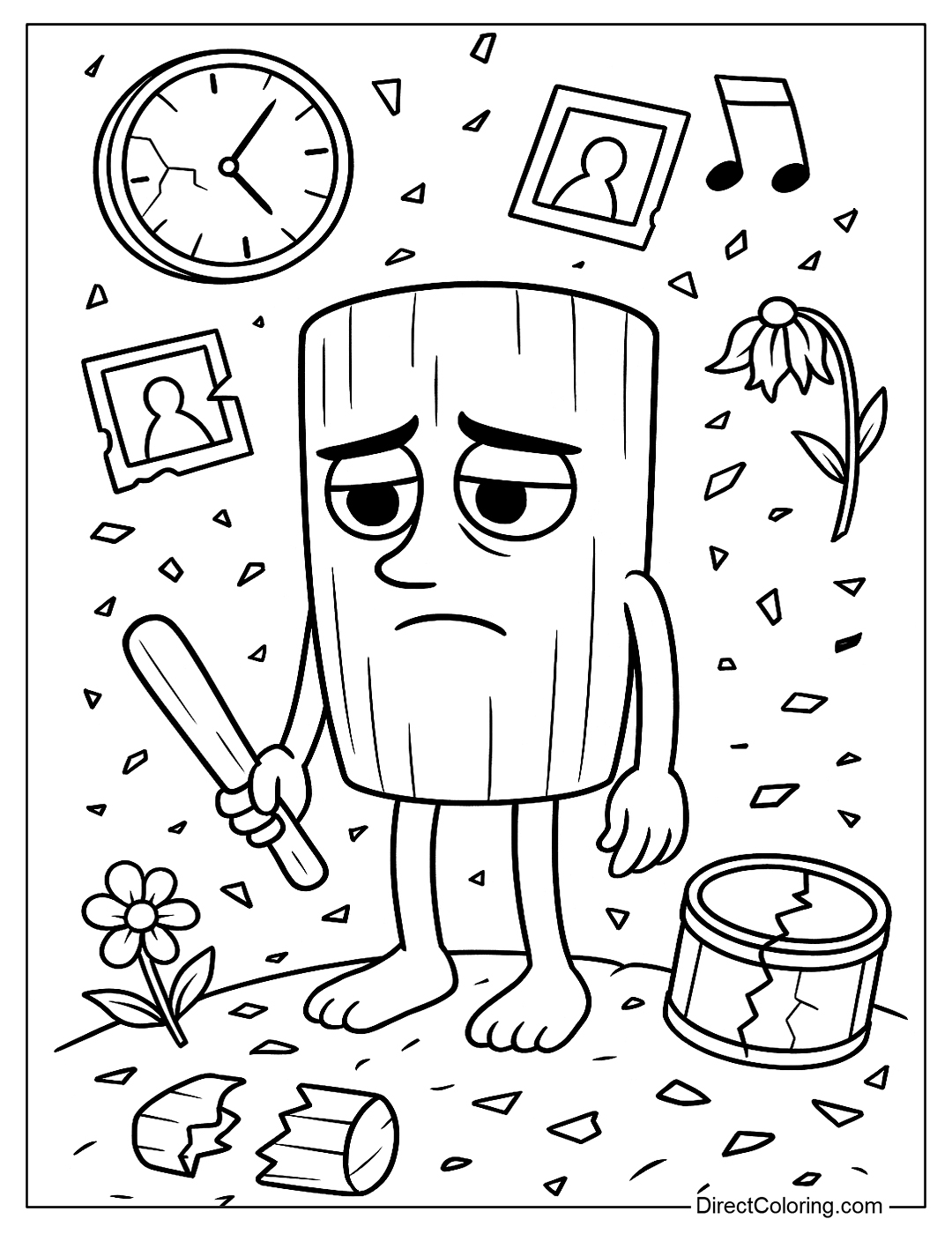 Sahur coloring page in a black and white scene, surrounded by broken memories